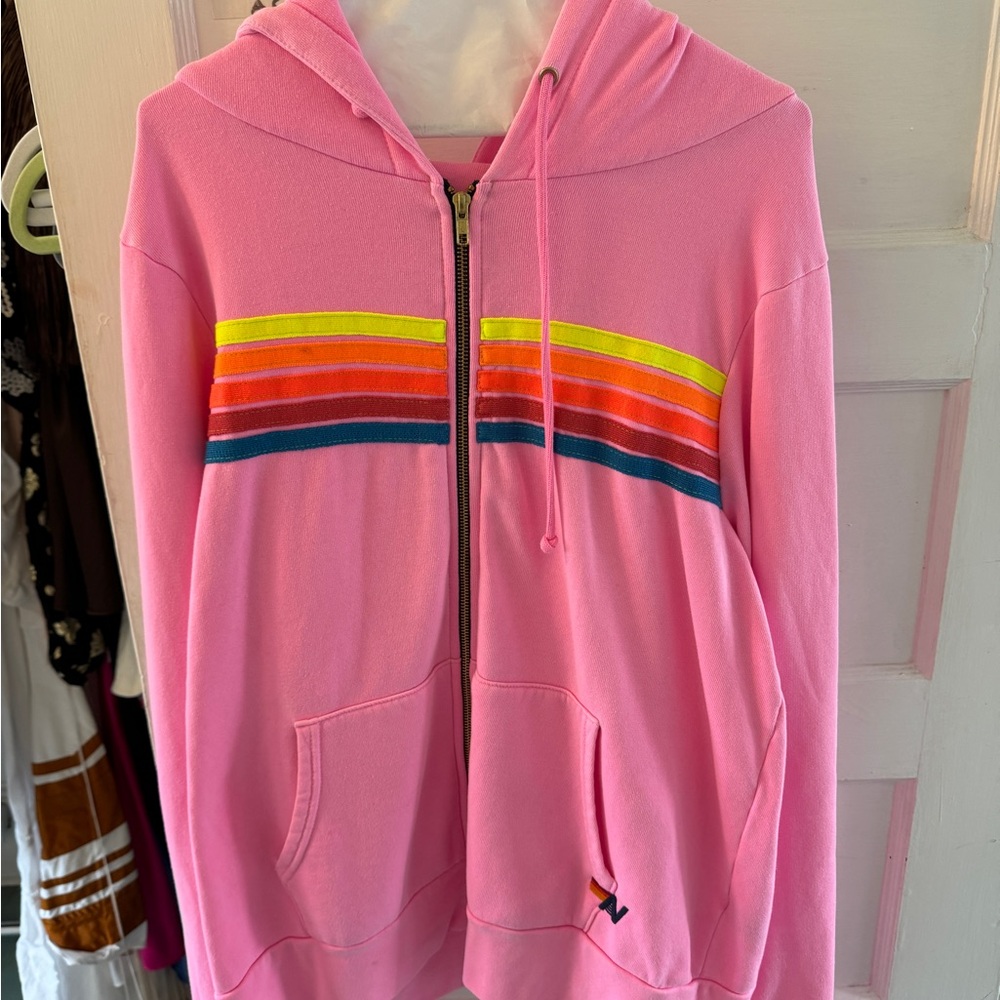 Aviator Nation Pink Zip-Up Hoodie with Rainbow Stripes